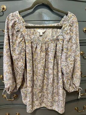 LC Lauren Conrad Floral Square-Neck Blouse in Cream and Yellow